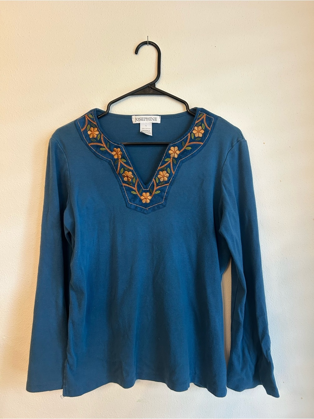 Josephine Blue Embroidered V-Neck Long Sleeve Top